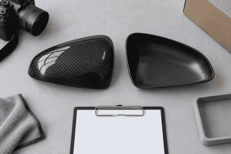 Concept flat lay of carbon fiber samples beside a blank sample-record form and camera.