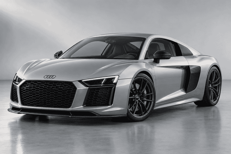 Concept rear view of a blue Audi R8-style Spyder with carbon trim.