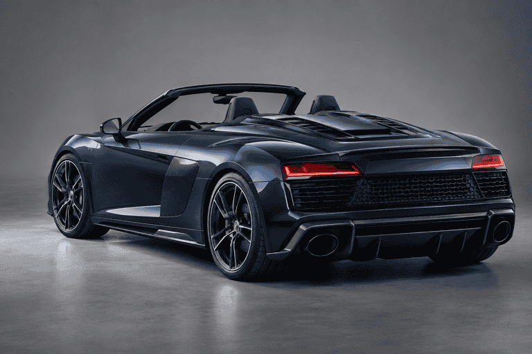 Concept front view of a silver Audi R8-style coupe with carbon exterior styling.
