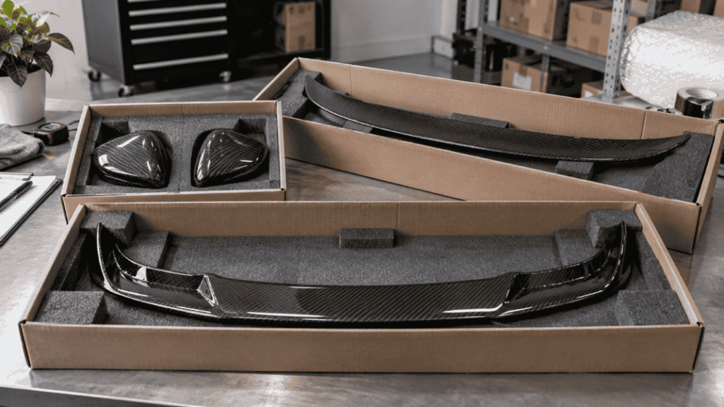 Concept of carbon automotive samples in protective boxes for a wholesale trial order