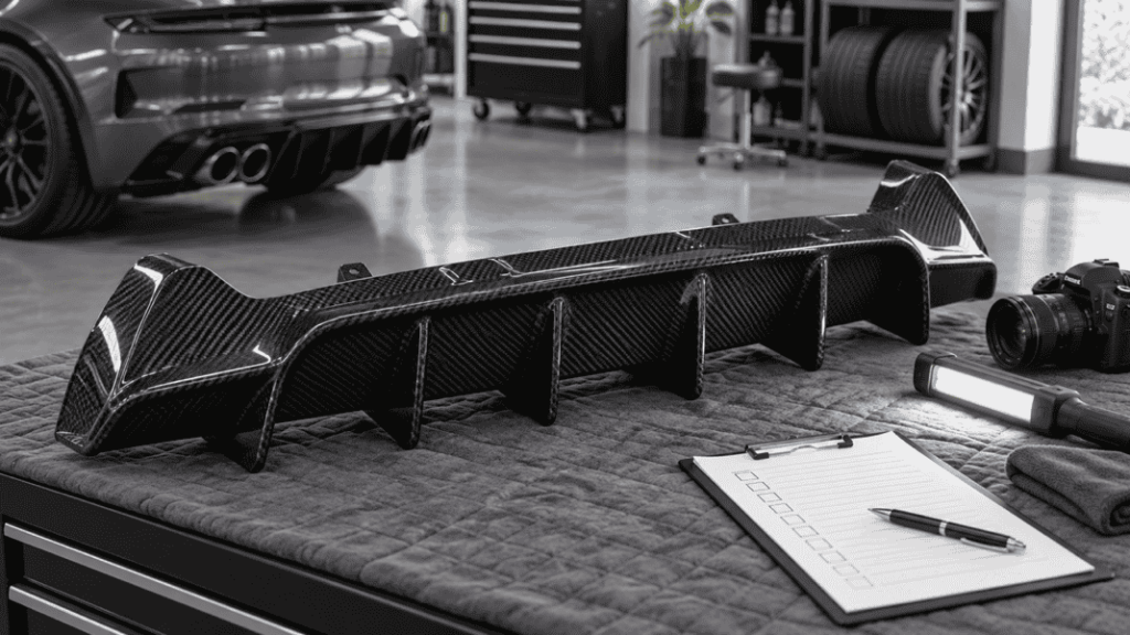 Concept of a carbon diffuser sample with inspection equipment on a padded bench