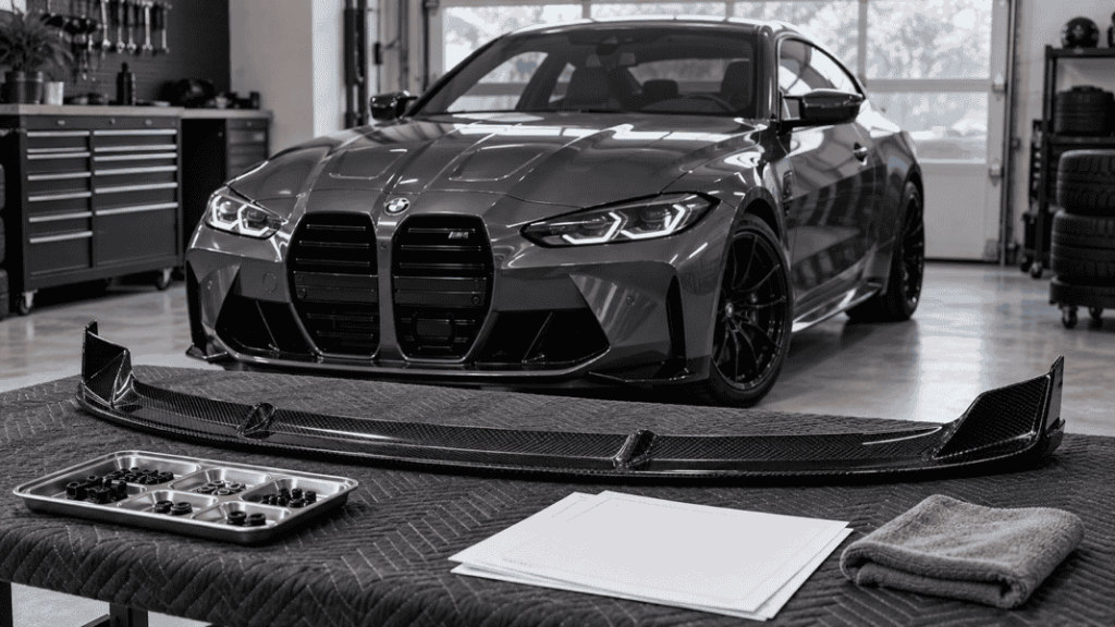 Concept of a carbon front lip prepared for review beside a BMW G82 M4
