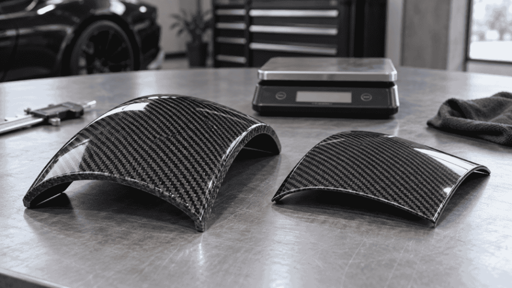 Concept of carbon composite sample panels beside a digital scale