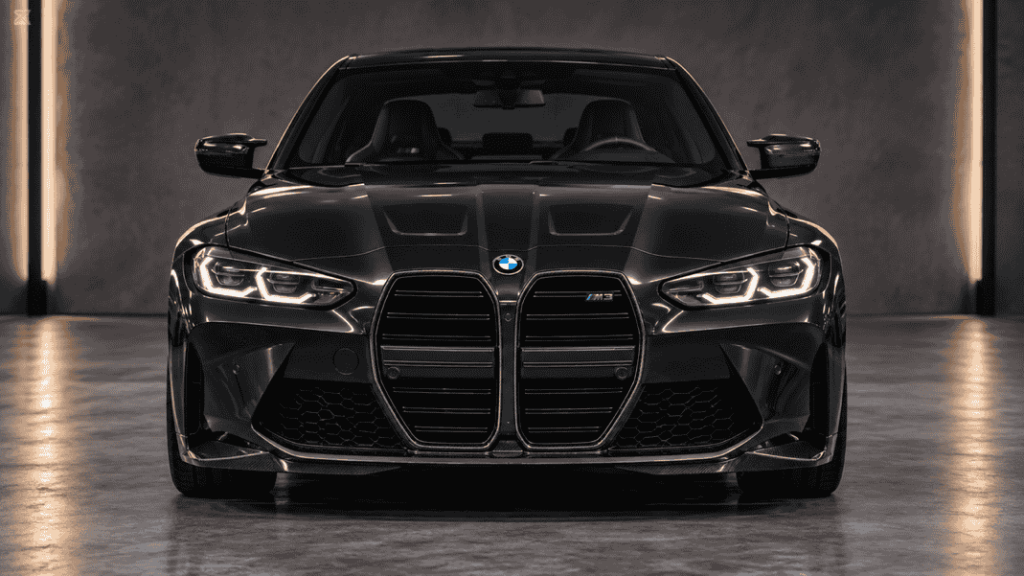 Concept of a BMW G80 M3 front grille with carbon trim