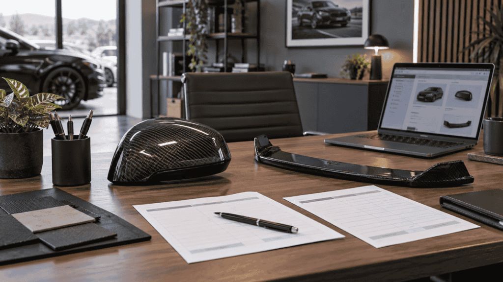 Concept of carbon part samples and supplier comparison documents on a purchasing desk
