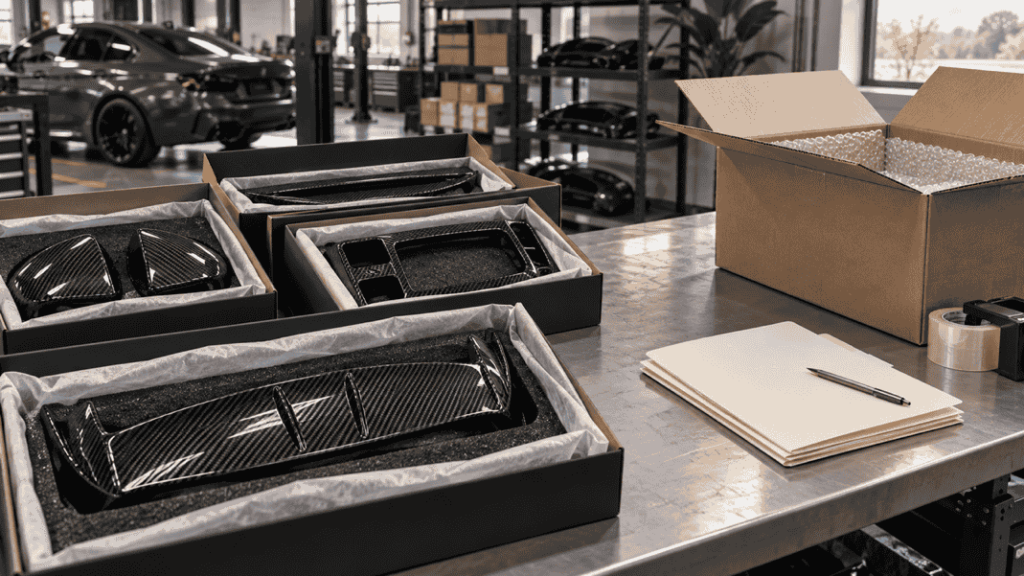 Concept of carbon parts and job folders arranged for delivery planning