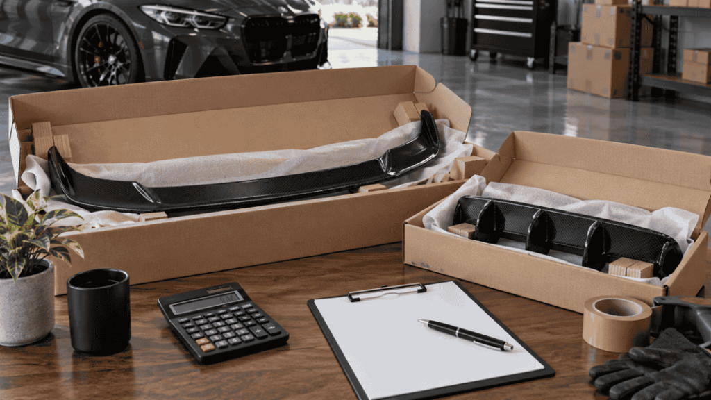 Concept of packaged carbon aero parts with a calculator and cost worksheet
