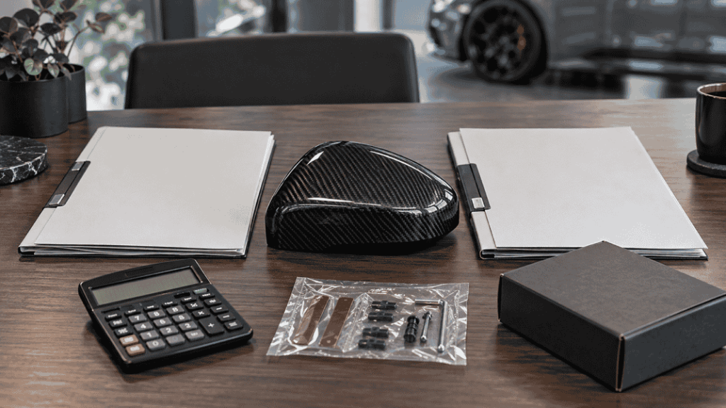 Concept of two supplier quotation folders and a carbon part sample