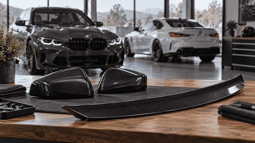 Concept of a curated BMW carbon parts range on a purchasing desk