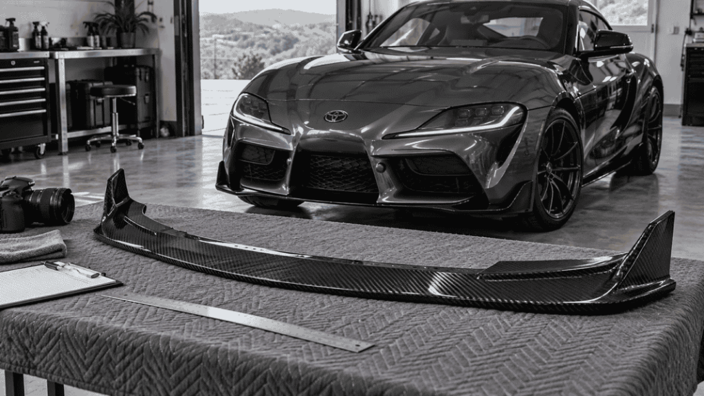 Concept of an unmodified carbon front lip and tools for documenting a fitment issue