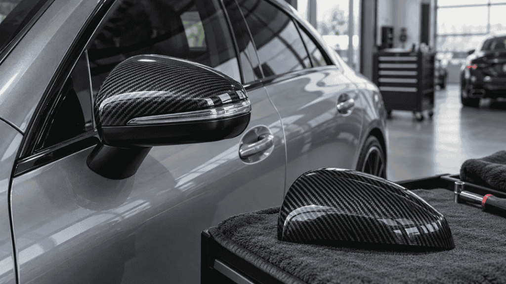 Concept of a Mercedes CLA mirror and a detached carbon mirror cap