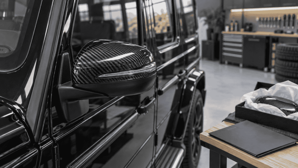 Concept of a Mercedes G-Class carbon mirror cap and installation documents