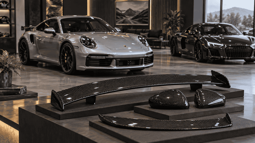 Concept of a curated carbon parts display for a premium sports-car range
