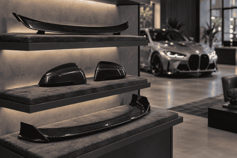 Concept of a curated carbon parts assortment in a tuning showroom.