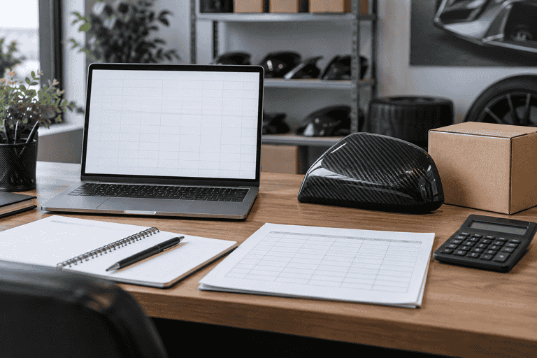 Concept of an inventory-planning desk with a carbon mirror cover and blank worksheets.