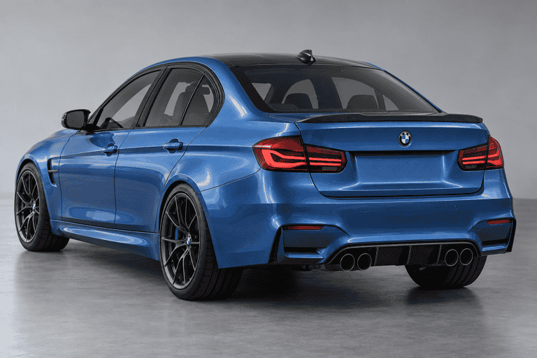 Concept rear view of a blue BMW M3 sedan with a carbon trunk spoiler.