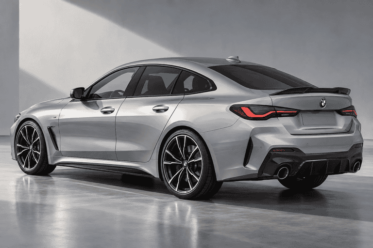 Concept rear view of a silver BMW 4 Series Gran Coupe with spoiler styling.