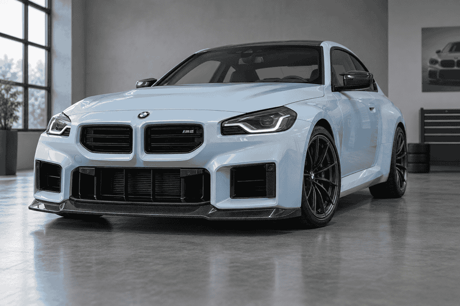 AI-generated concept of a pale blue BMW G87 M2 with a carbon fiber front lip.