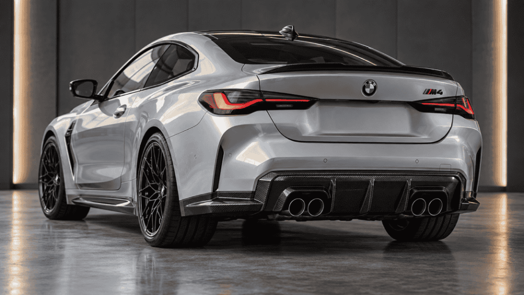 Concept of a BMW G82 M4 carbon rear diffuser and paired exhaust tips