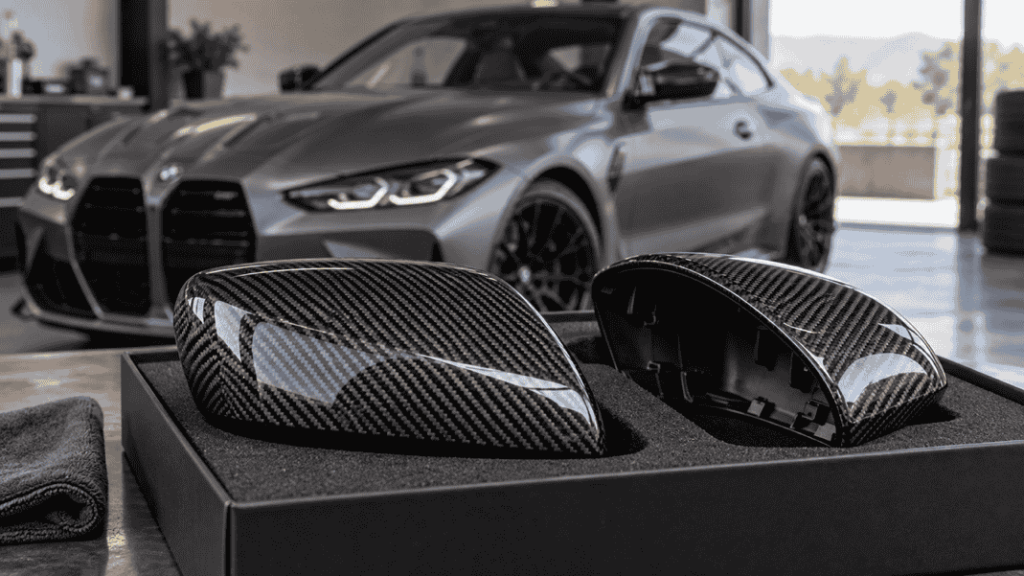Concept of replacement carbon mirror caps with a BMW M4 in the background