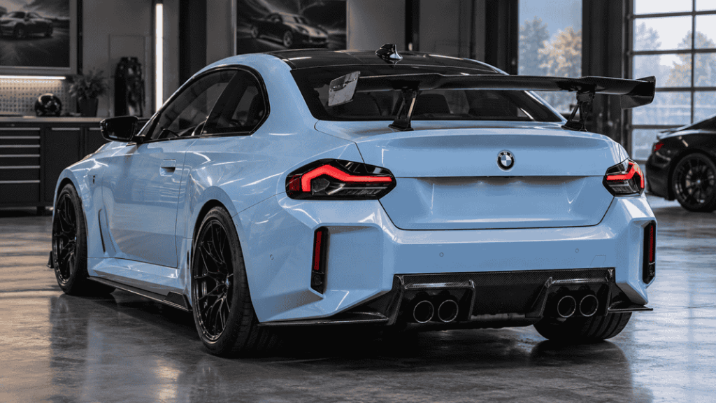 Concept of a BMW G87 M2 with a supported carbon rear wing