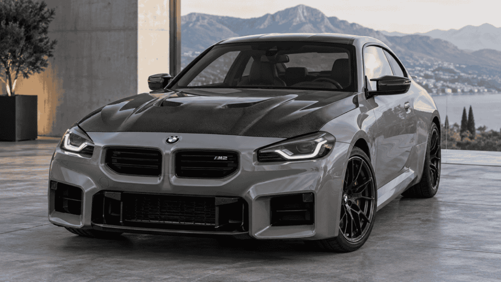Concept of a BMW G87 M2 with an exposed carbon hood