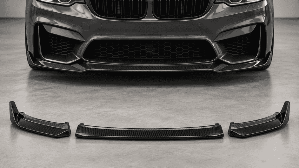 Concept comparison of a one-piece carbon front lip and three separate lip sections