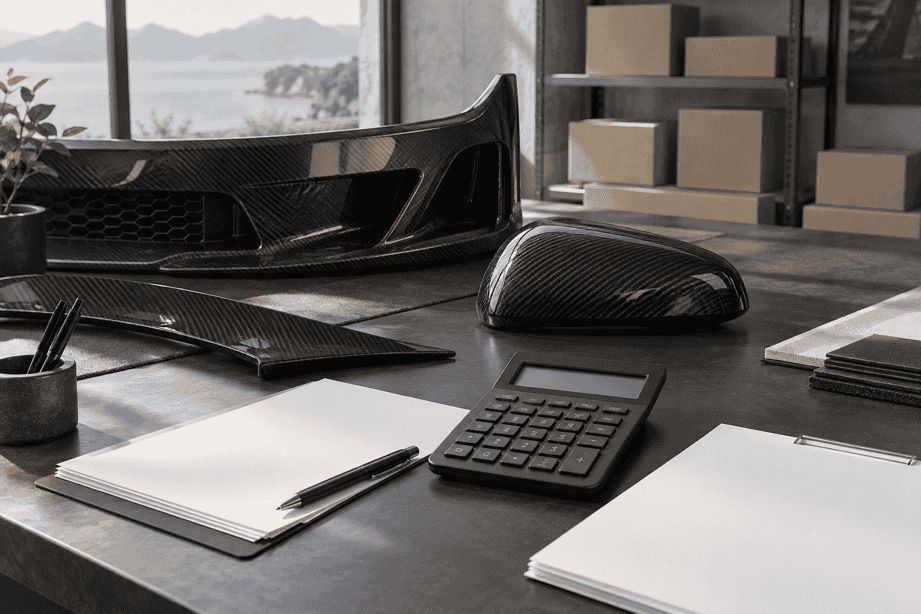 Concept of reviewing carbon fiber parts costs with blank quotation papers and shipping cartons.