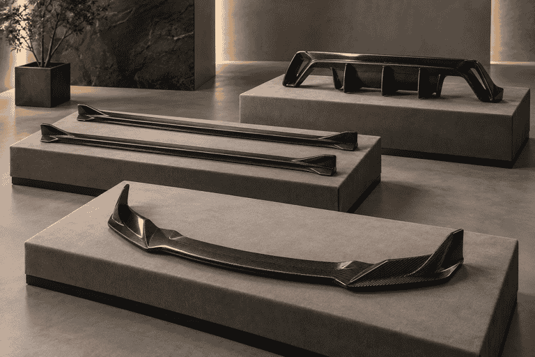 Concept of carbon front, side and rear aero parts arranged on padded display tables.