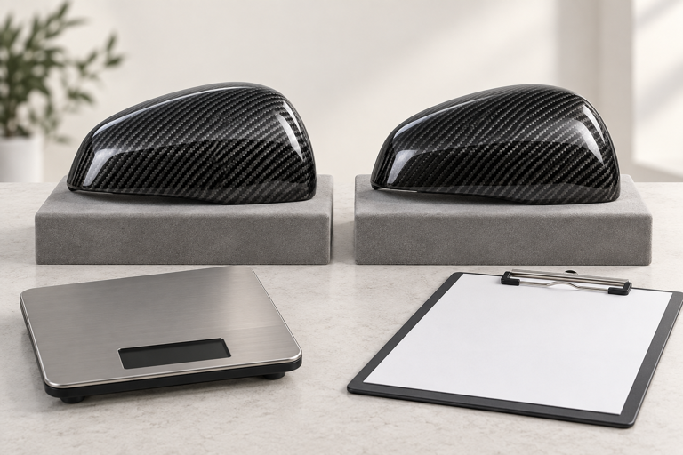 Concept comparison of two glossy carbon fiber mirror caps beside a scale with no displayed measurement.
