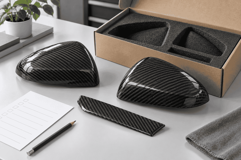 Concept of carbon fiber mirror caps and a trim sample beside protective packaging and an inspection checklist.