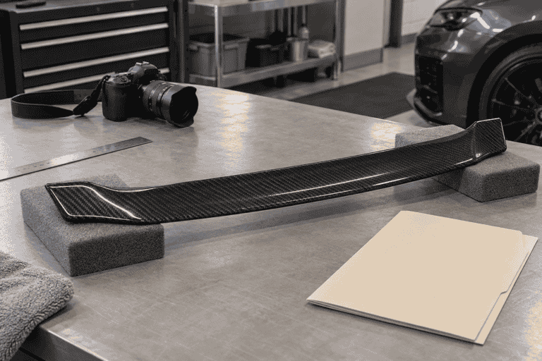 Concept of a carbon trim part beside a camera, unused ruler and blank job folder.