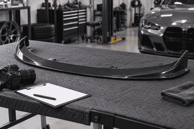 Concept view of a carbon front lip on a padded inspection table with a camera