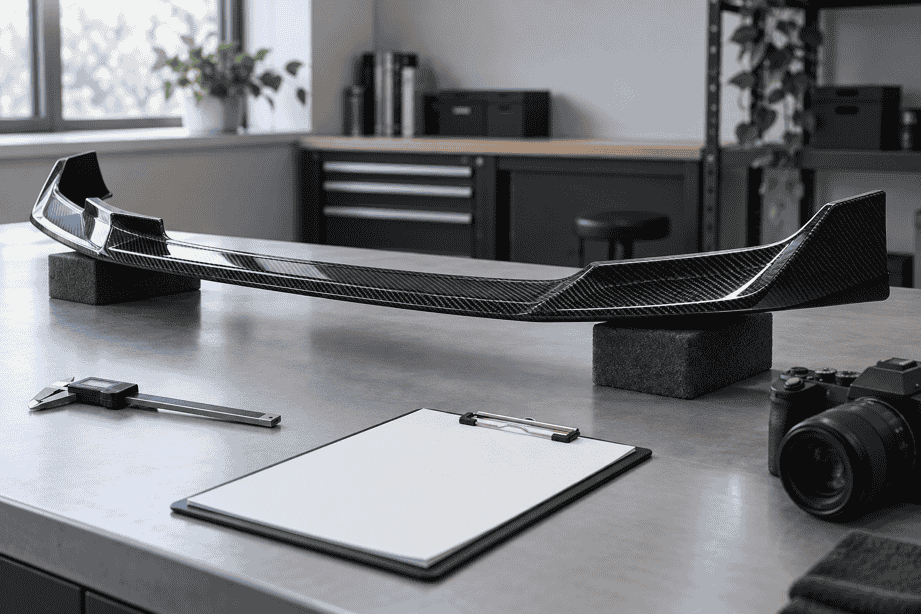 Concept of a carbon fiber front lip on padded supports beside inspection tools.