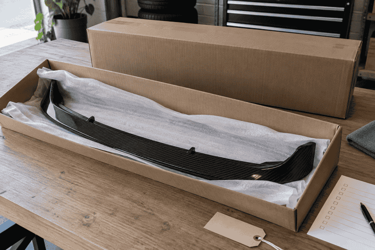 Concept of a carbon front lip component protected in an open shipping box