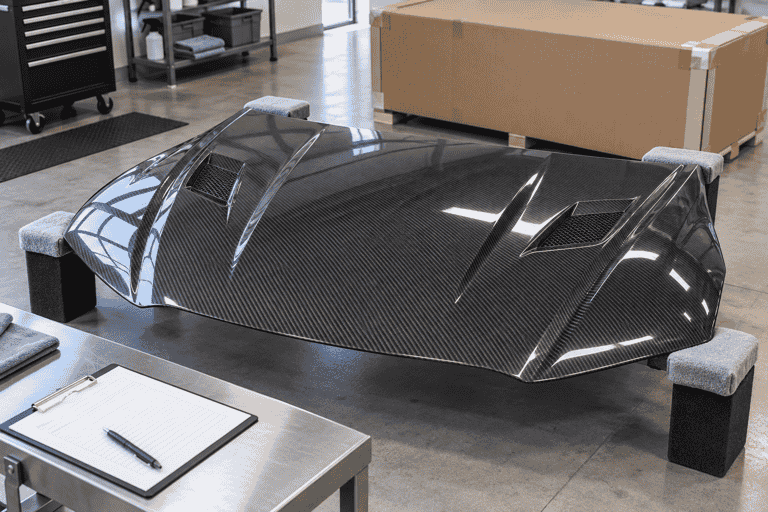 Concept view of a carbon fiber hood resting on padded supports beside inspection materials