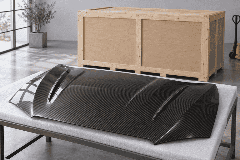 Concept of a carbon hood on a padded table beside a closed shipping crate.