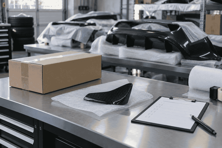 Concept of an individual carbon trim component beside a carton and blank order checklist.