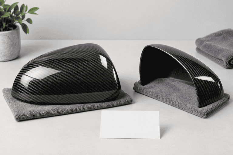 Concept of carbon mirror-cover shells on soft pads beside a blank comparison card.