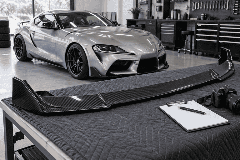 Concept of a carbon front lip on a padded bench beside a parked sports car.