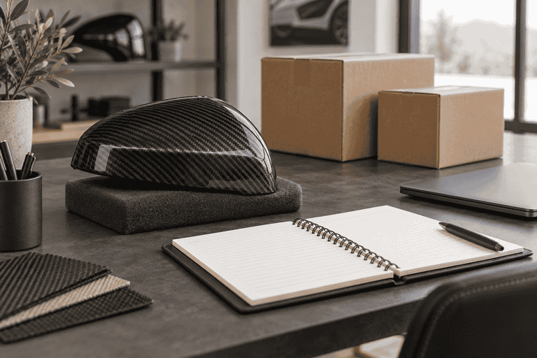 Concept of planning a carbon fiber parts delivery with a sample, blank planner and unbranded cartons.