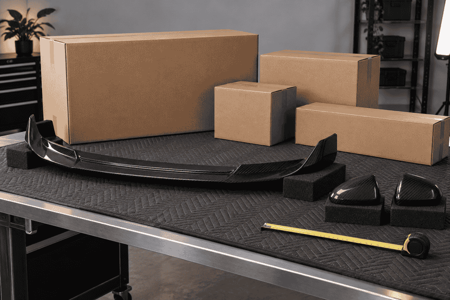 Concept of differently sized carbon parts and cartons for a packing-cost review.