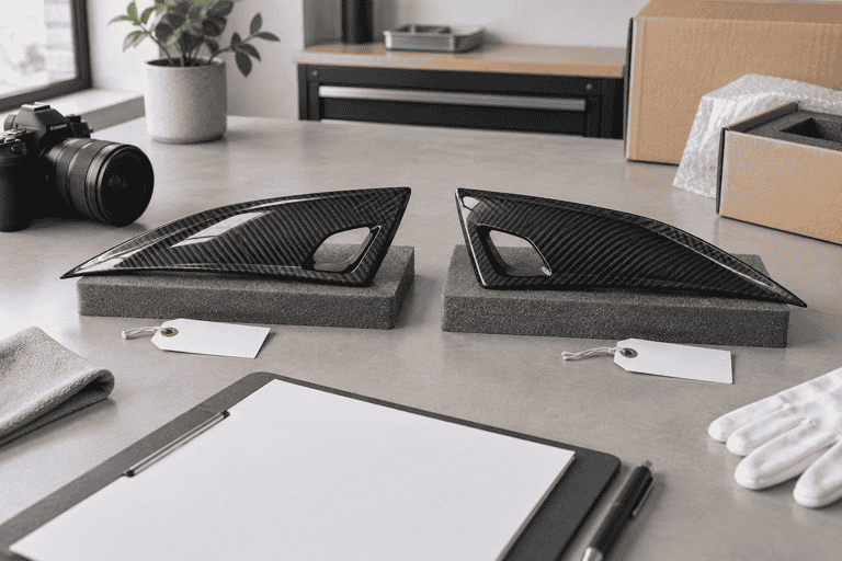 Concept of carbon fiber trim samples beside blank tags, documentation and protective packaging.