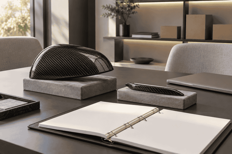 Concept of reviewing carbon fiber samples and a blank catalog at a consultation table.
