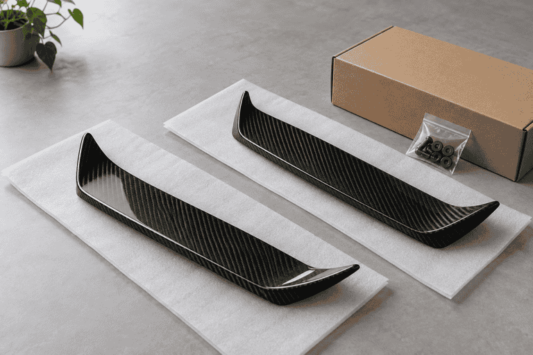 Concept of carbon trim parts displayed with and without a separate hardware pouch.