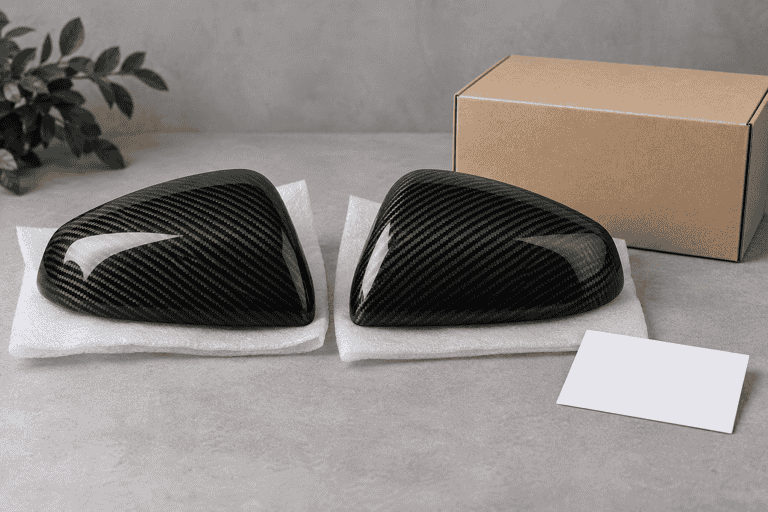 Concept of a carbon mirror-cover pair beside a blank specification card and unmarked box.