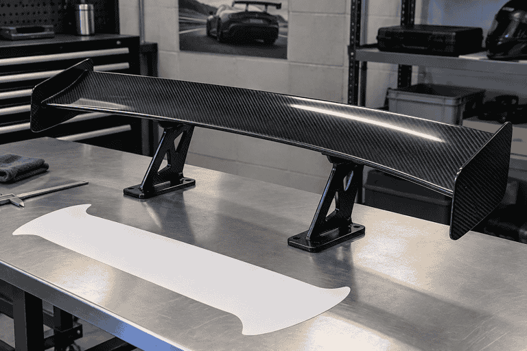 Concept view of a supported carbon rear wing and a blank template on a workbench
