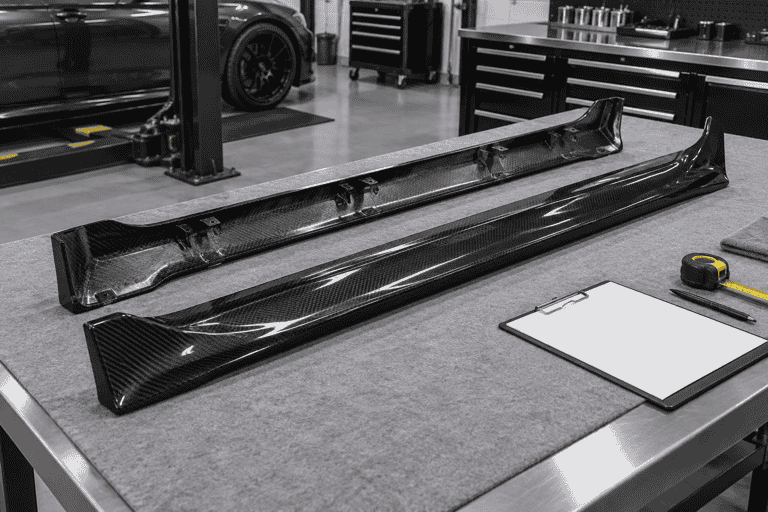 Concept view of two carbon fiber side skirt extensions on an inspection bench