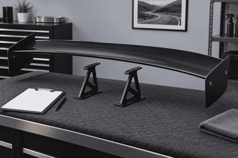 Concept of a carbon rear wing and support brackets on a padded workbench.