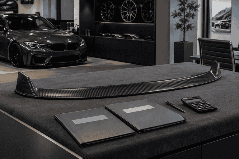 Concept of carbon parts and blank quotation folders on a workshop desk.